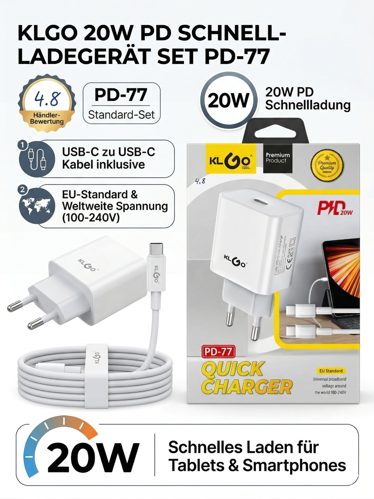 KLGO PD-77 Schnellladegerät Set 20W USB-C Netzstecker inklusive USB-C Ladekabel