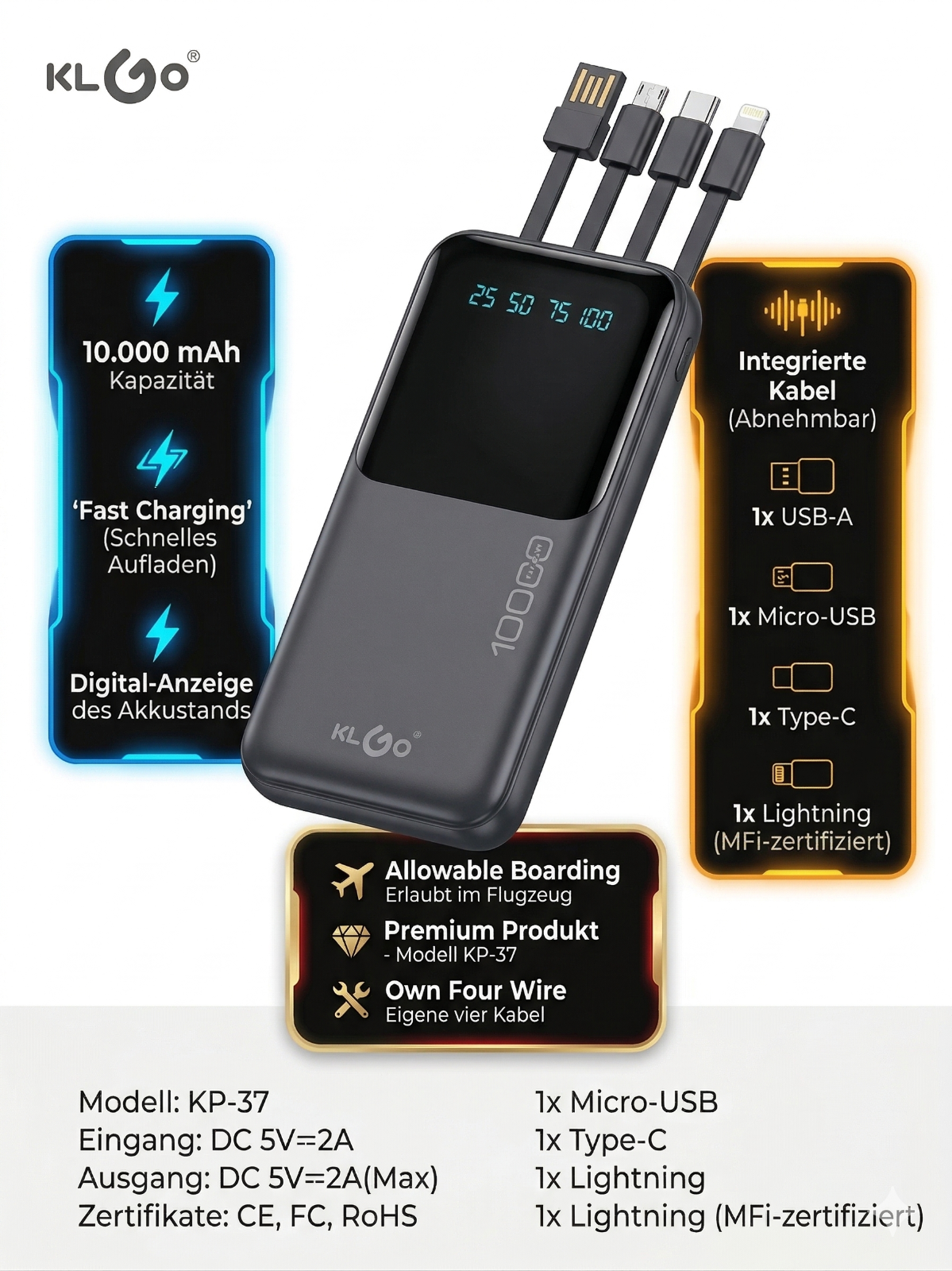 KLGO 10000mAh Power Bank mit INTEGRIERTEN, Abnehmbaren Kabeln - AllinOne