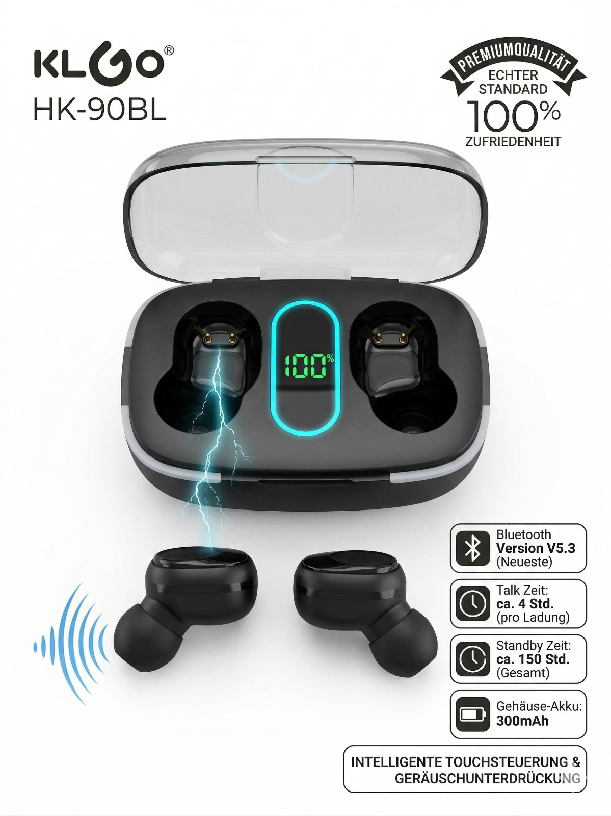 Premium TWS Bluetooth 5.3 In-Ear Kopfhörer mit innovativem LED-Ladecase