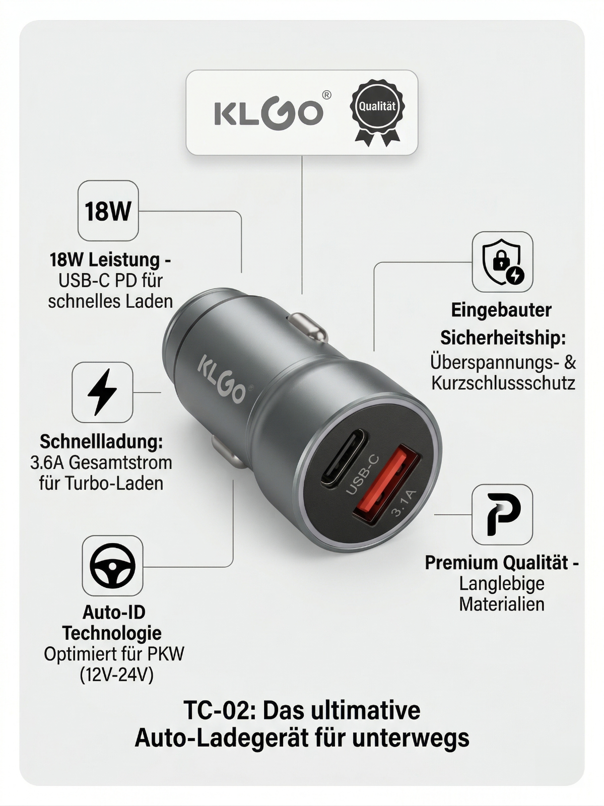 KLGO TC-02 | 18W USB-C PD & QC 3.1A Auto-Schnellladegerät