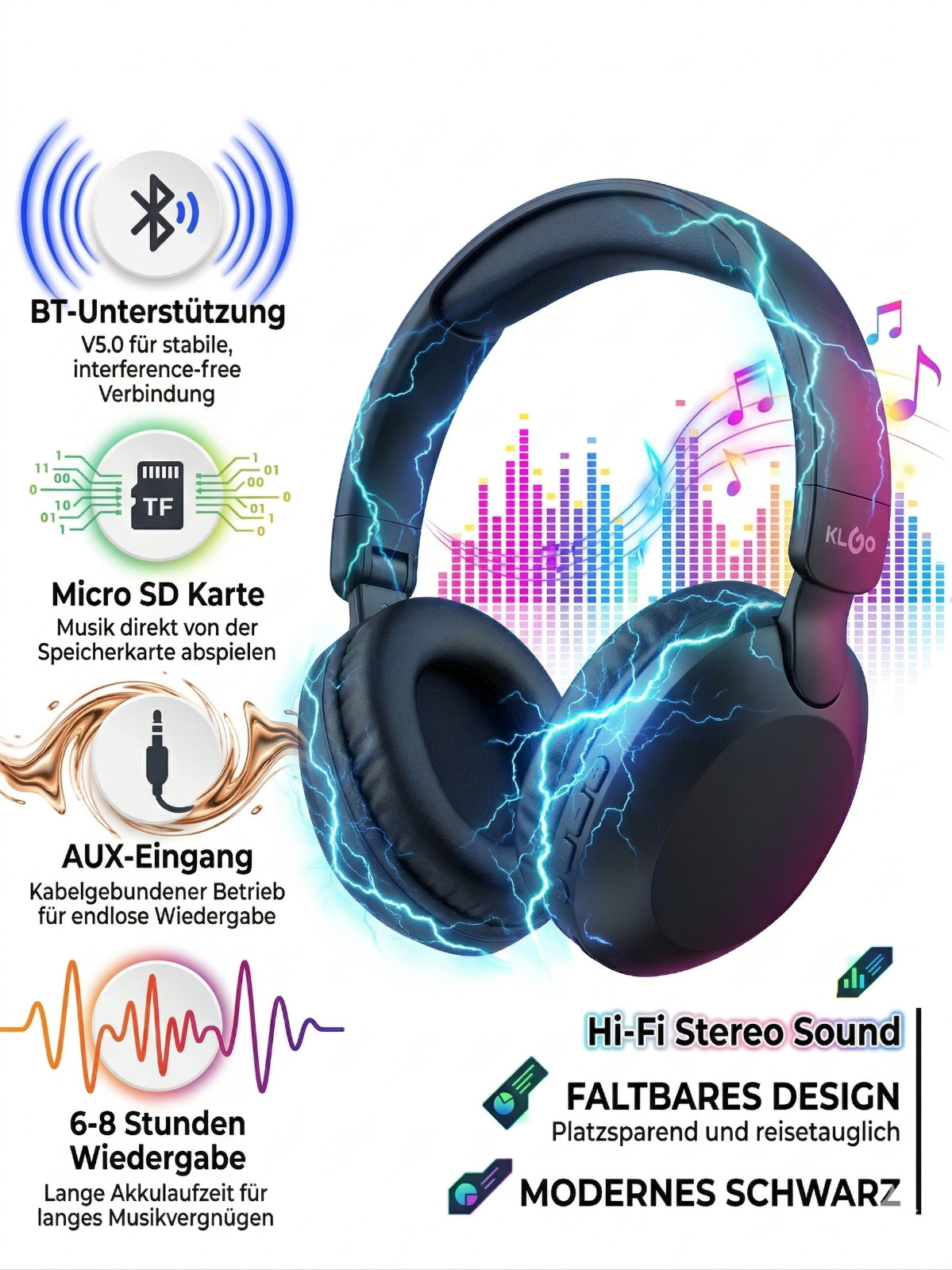 KLGO B22 Over-Ear Wireless Kopfhörer – Hi-Fi Stereo Sound, Bluetooth 5.0 8h Akku