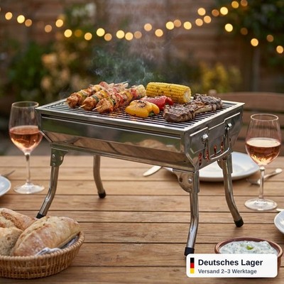 Holzkohlegrill Tischgrill klappbar 46,5x32,5 cm Edelstahl BBQ Garten Balkon