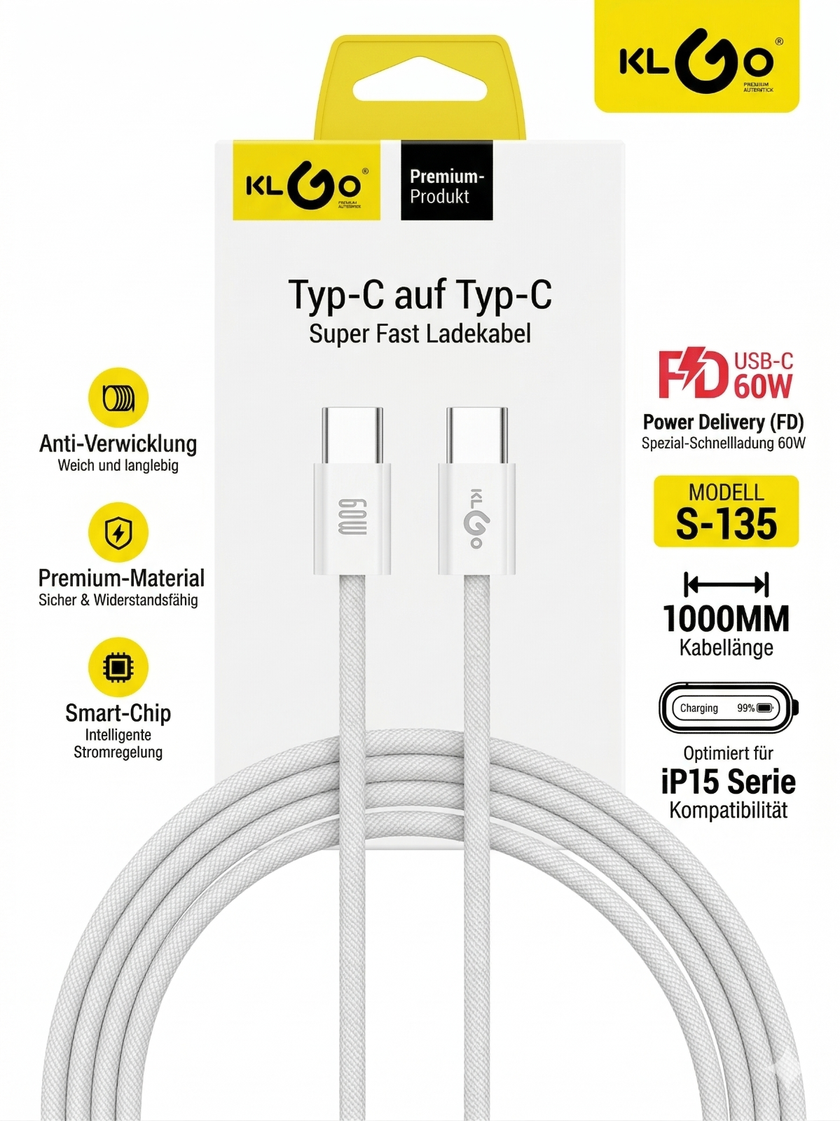 KLGO Premium 60W USB-C auf USB-C Lade- und Datenkabel – Ultra-Robust, Weiß 1m