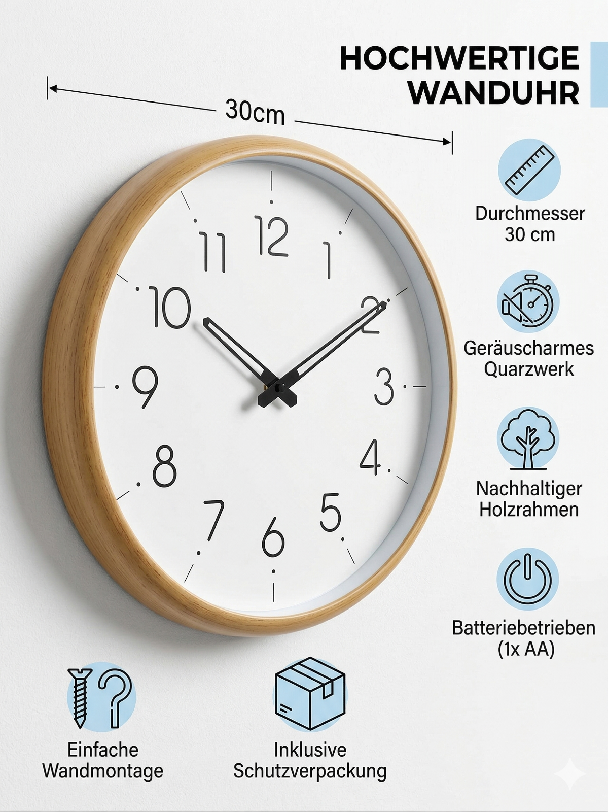 Wanduhr 30cm elegante Holzoptik mit Präzisionsquarzwerk