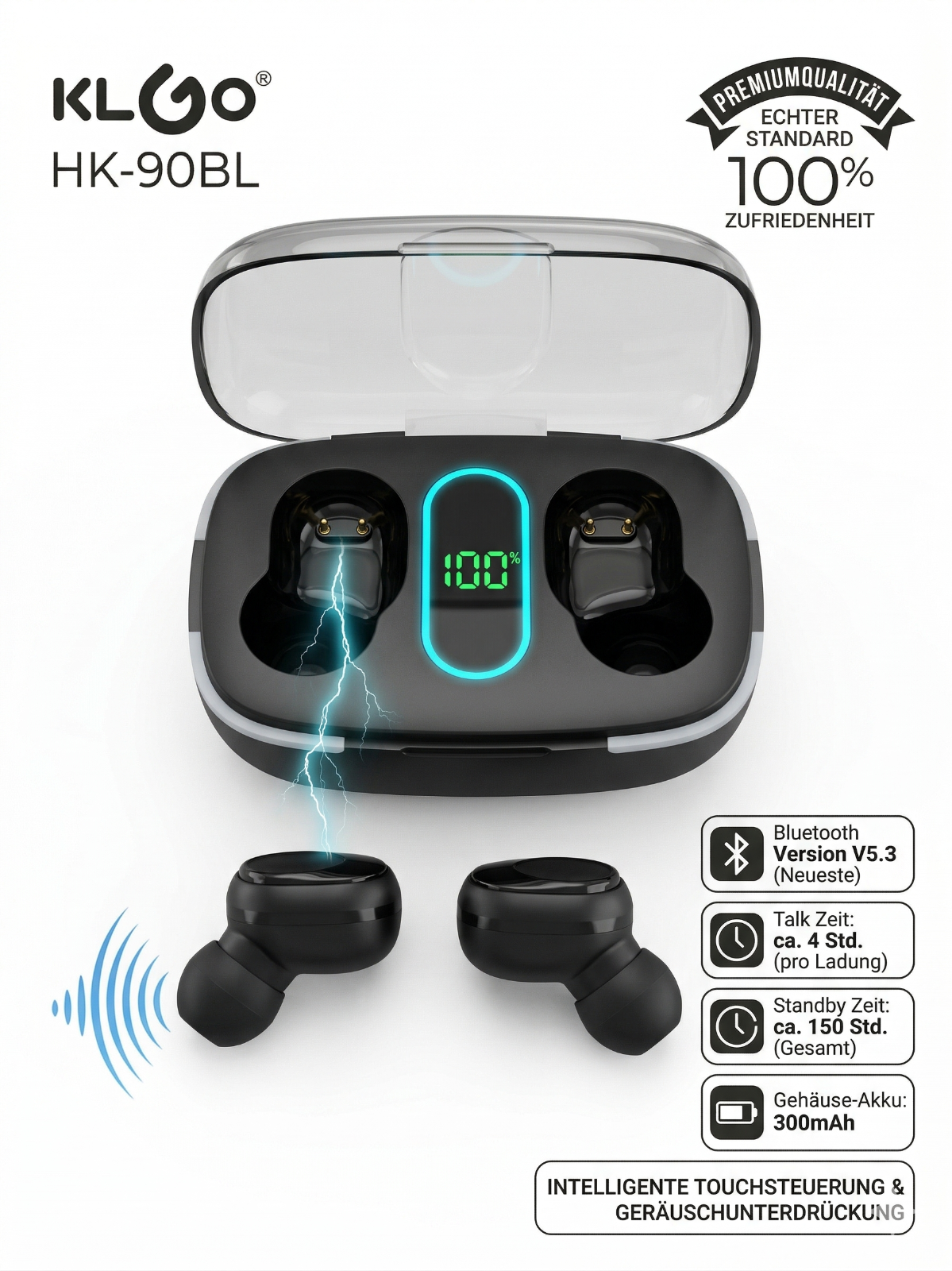 Premium TWS Bluetooth 5.3 In-Ear Kopfhörer mit innovativem LED-Ladecase