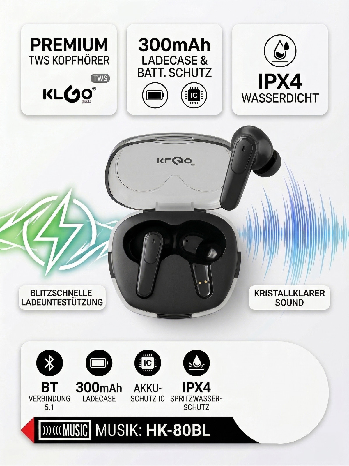 KLGO TWS Bluetooth 5.3 In-Ear Kopfhörer – Gaming & Musik mit LED-Light-Edge