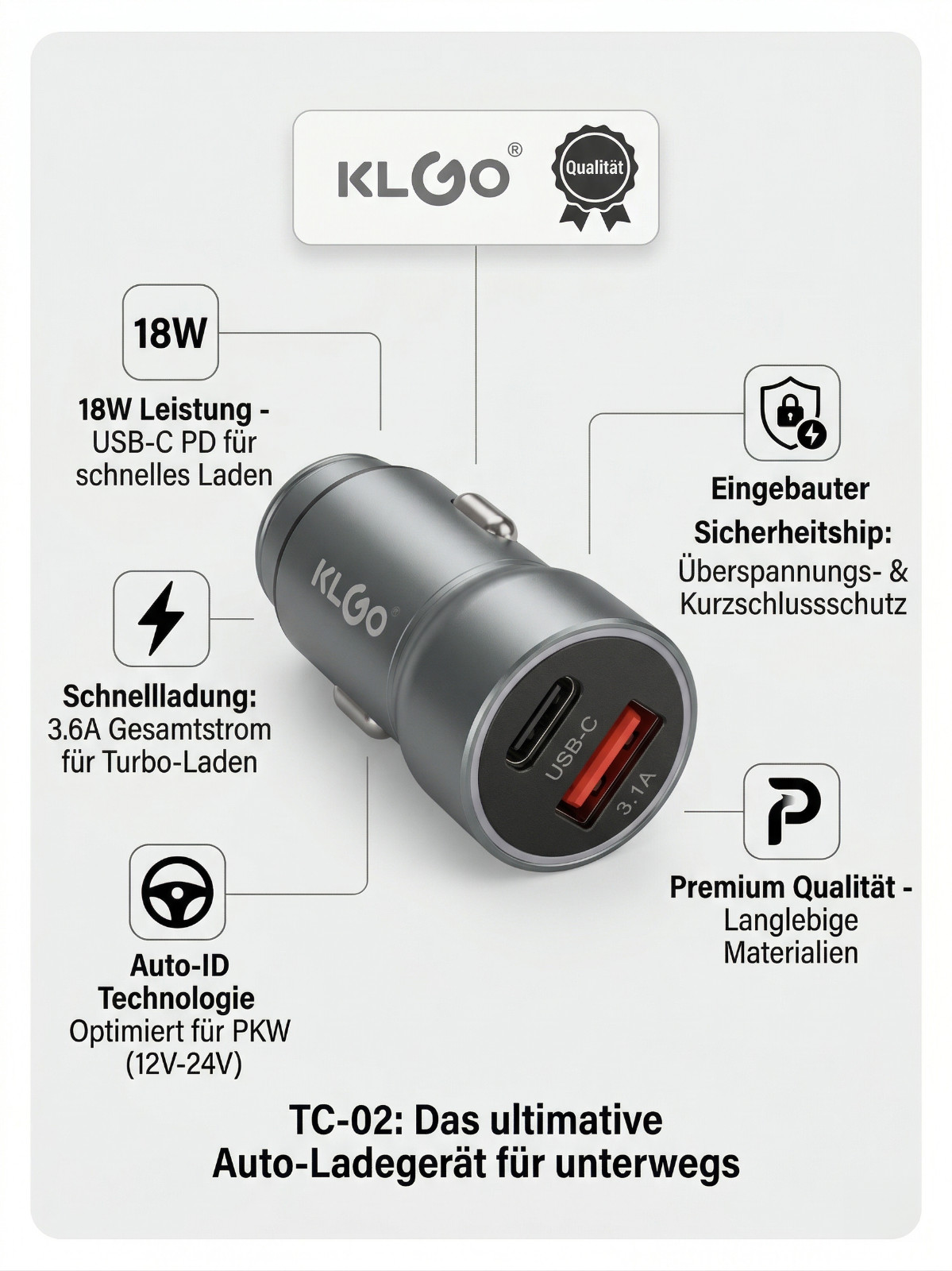 KLGO TC-02 | 18W USB-C PD & QC 3.1A Auto-Schnellladegerät