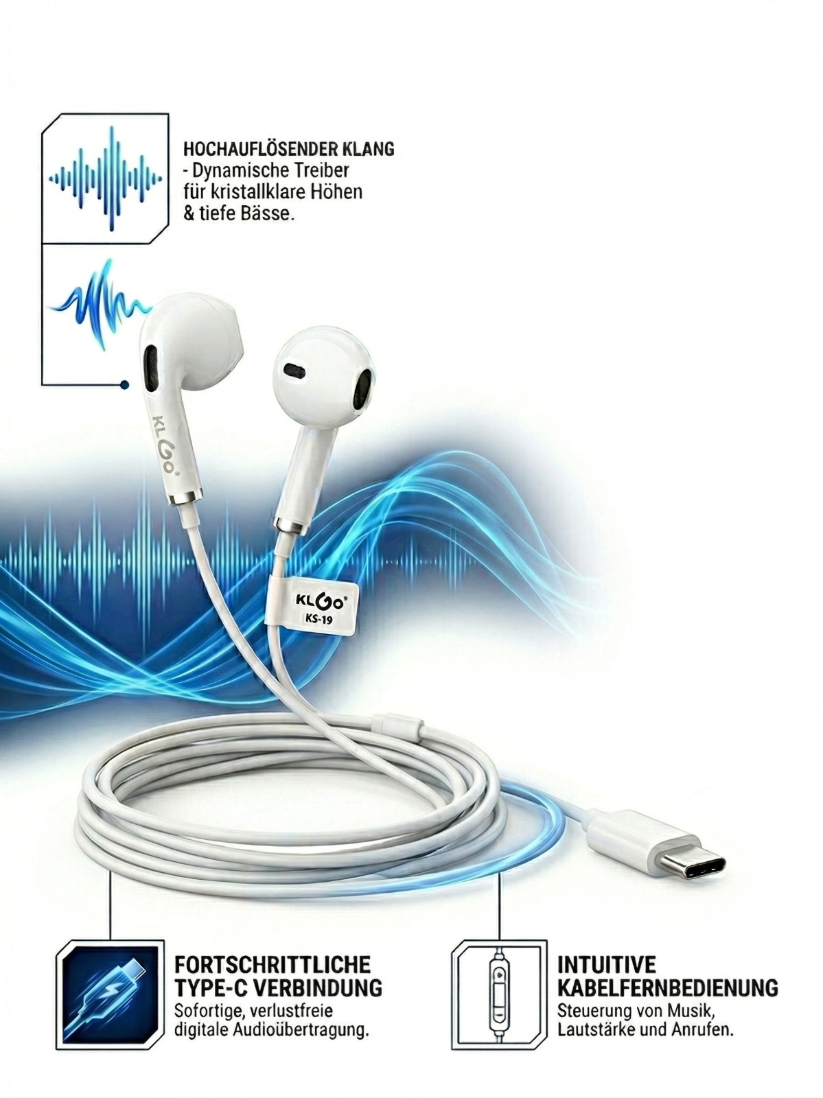 KLGO KS-19 USB-C Kopfhörer In-Ear Headset Mikrofon & Lautstärkeregelung