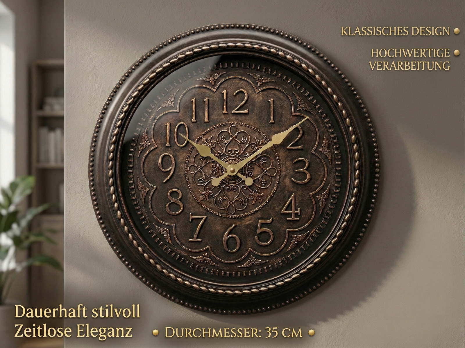 Zeitlose Vintage-Wand-Uhr in Holzoptik 35cm Durchmesser