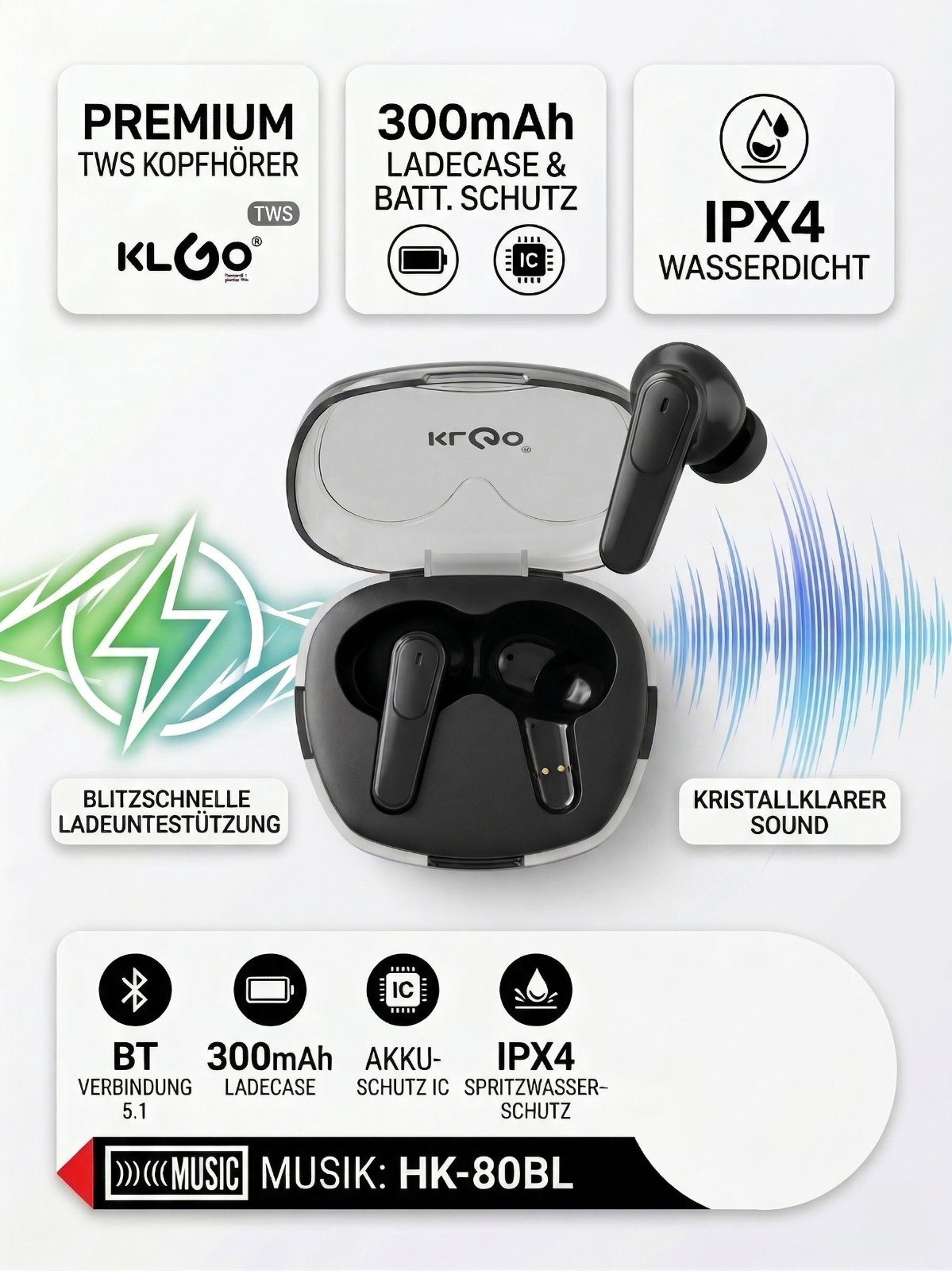 KLGO TWS Bluetooth 5.3 In-Ear Kopfhörer – Gaming & Musik mit LED-Light-Edge