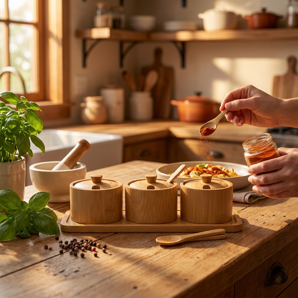 Gewürzbehälter Holz 3er Set mit Dosierlöffel, Gewürzdose